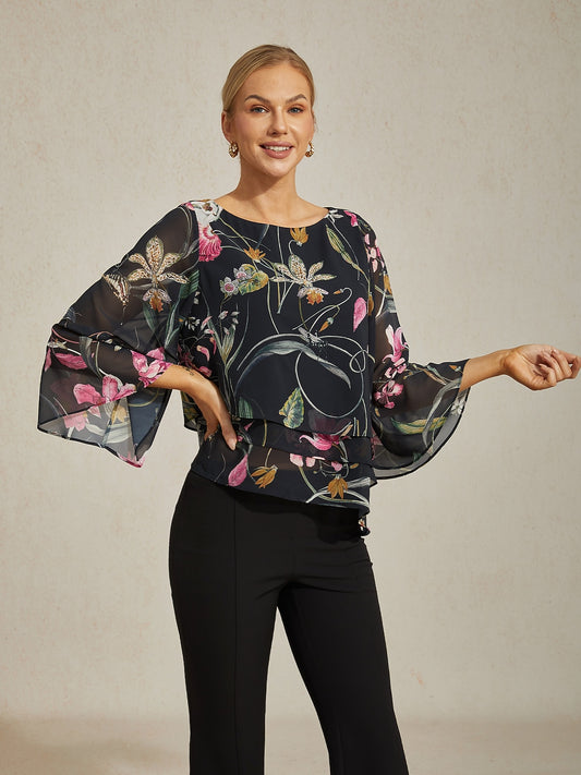 Blouse Black Floral 3/4 Loose Round