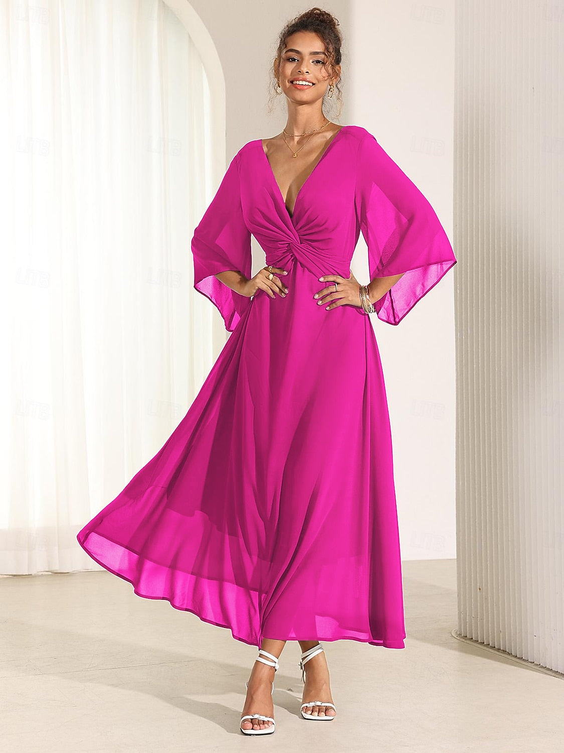 Chiffon Plain Ruffle Twisted Maxi Dress