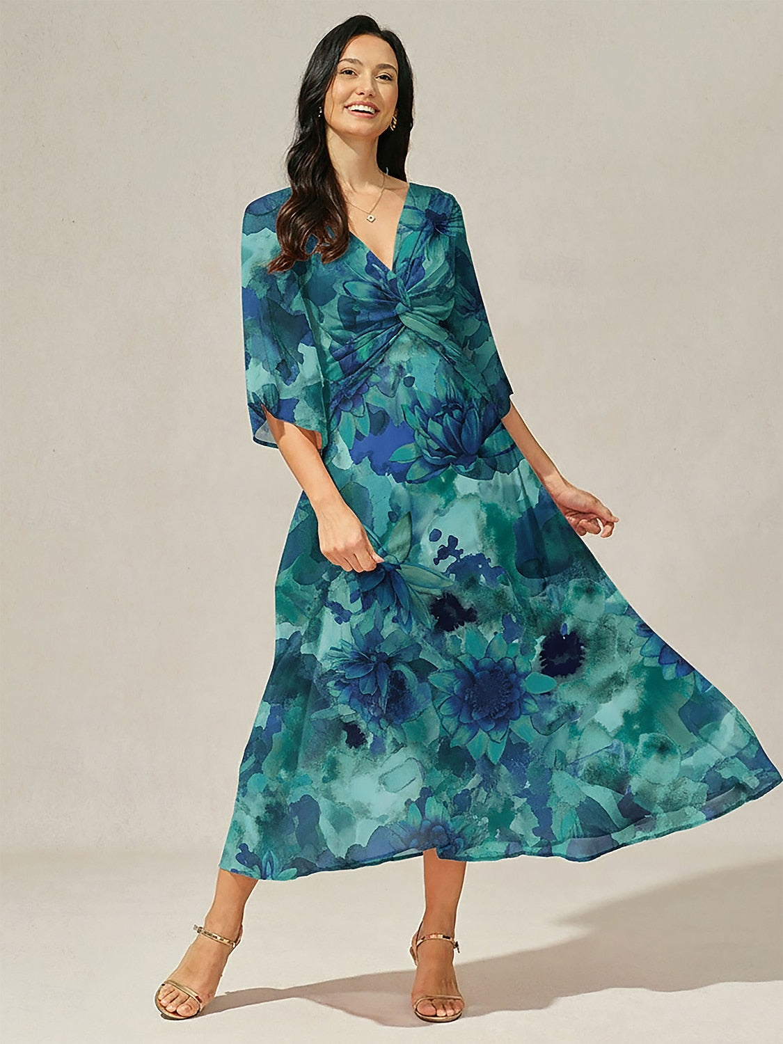 Maxi Dress Green Abstract Floral Print Twist Knot