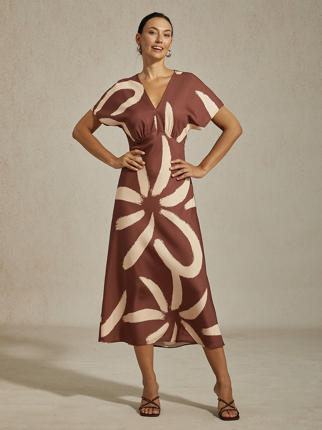 Maxi Dress Coffee Abstract Floral Print Satin