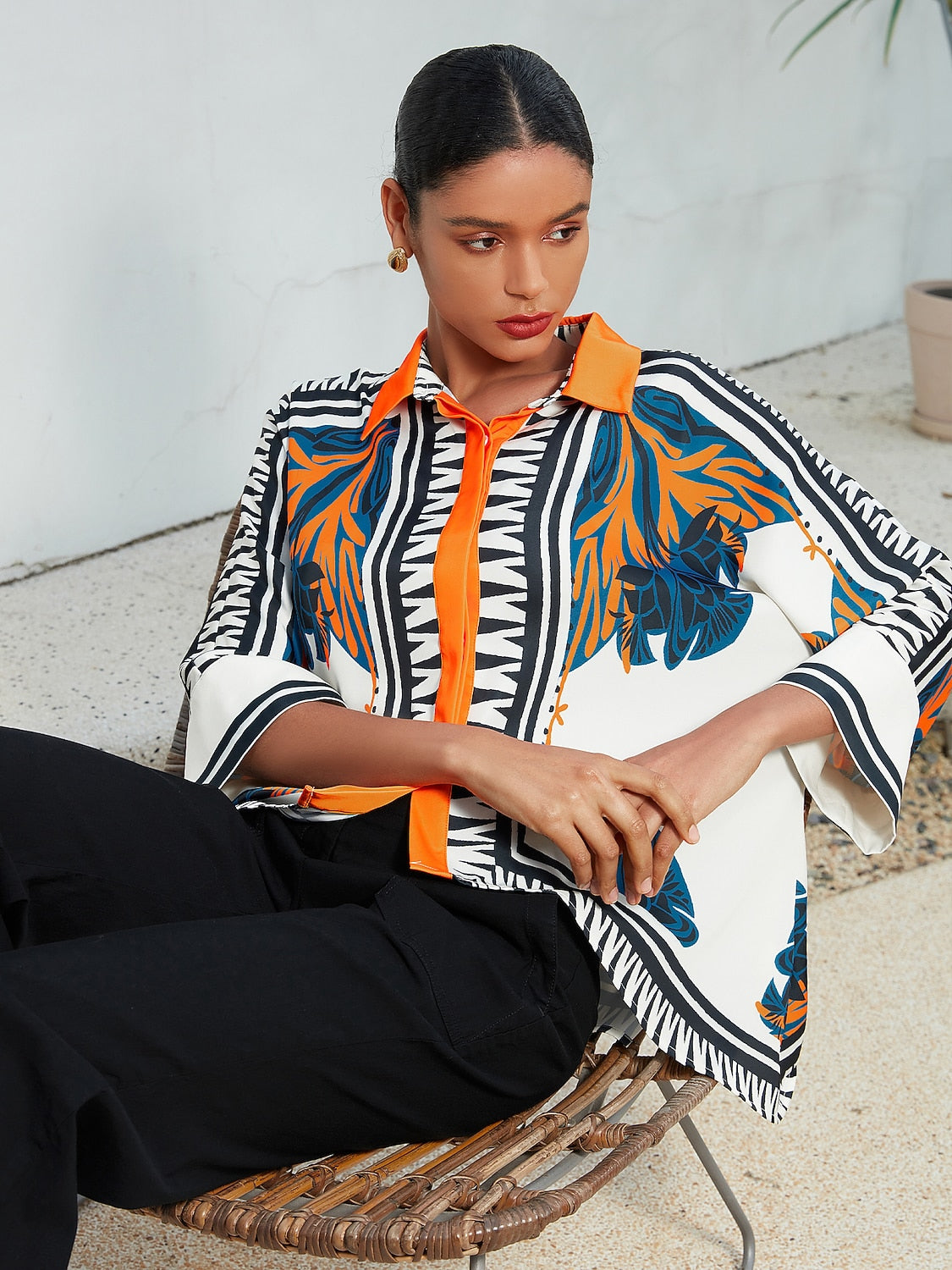 Satin Silk Shirt Block Printing Collar