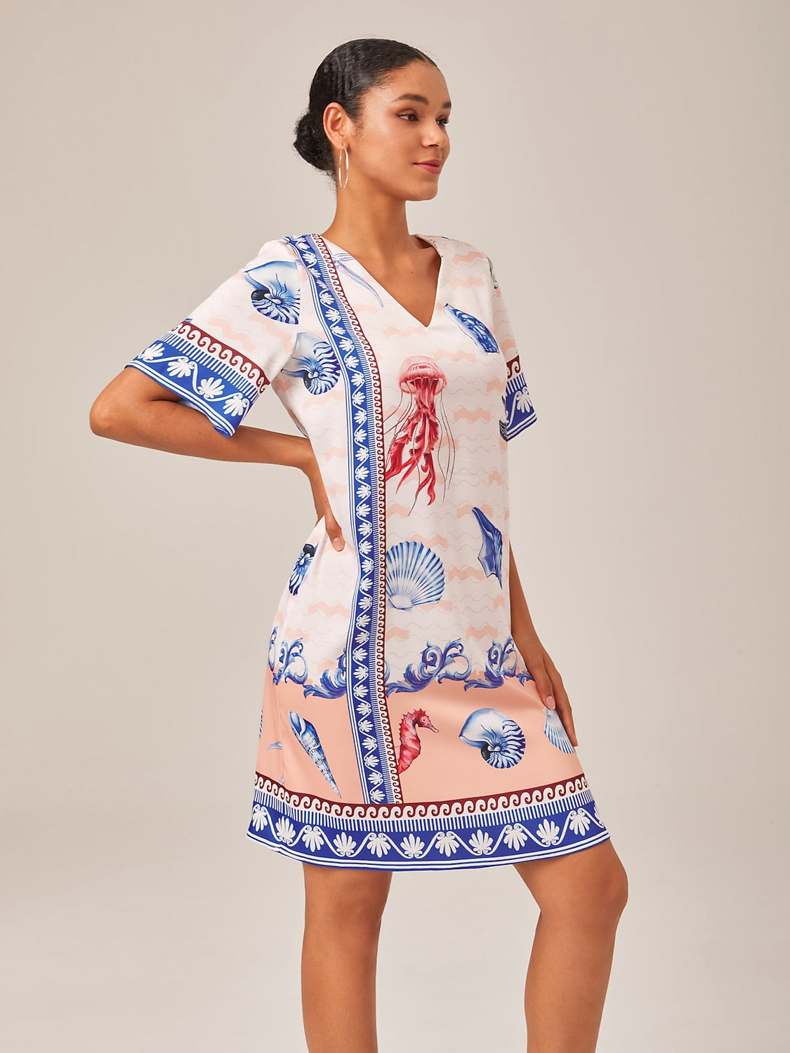 Resort-Style Ocean Print Straight-Cut Dress