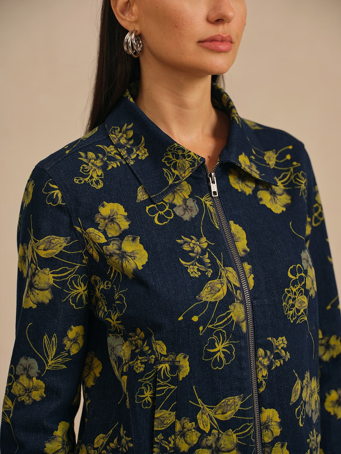 Jacket Denim Fabric Yellow Floral Pattern Turn Down Collar
