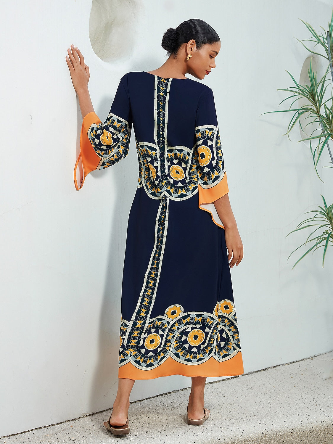 Satin Folk Print Maxi Dress