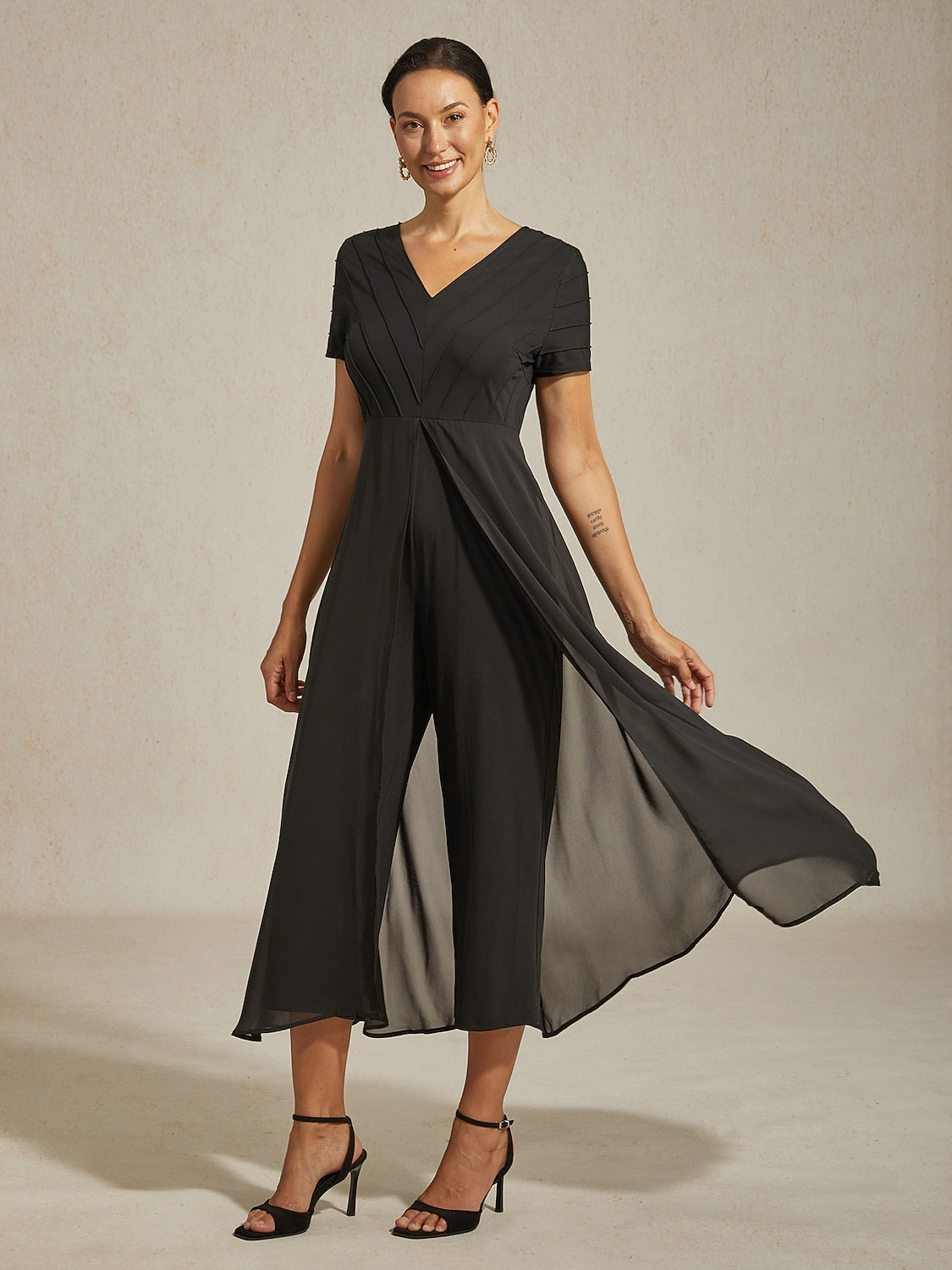 Paneled Design Faux Flowy Sheer Stretch Fabric Jumpsuit