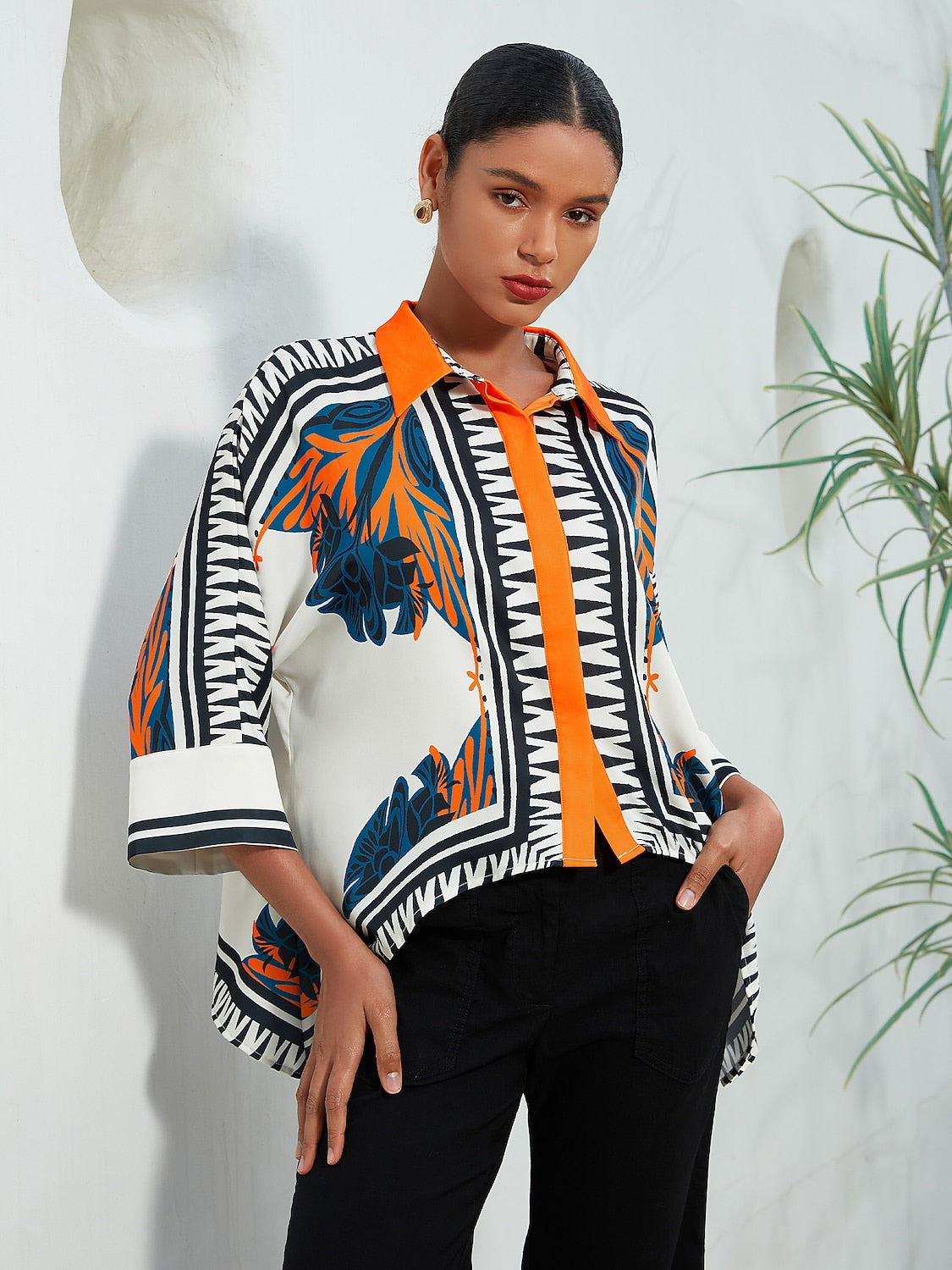 Satin Silk Shirt Block Printing Collar