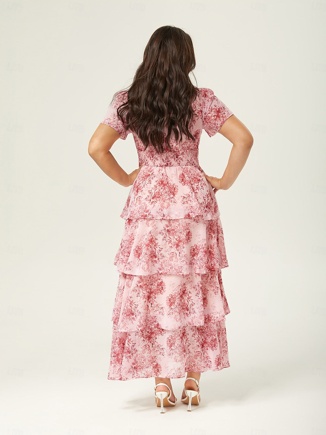 Floral Chiffon Maxi Dress A Line Tiered Ruffle Cake