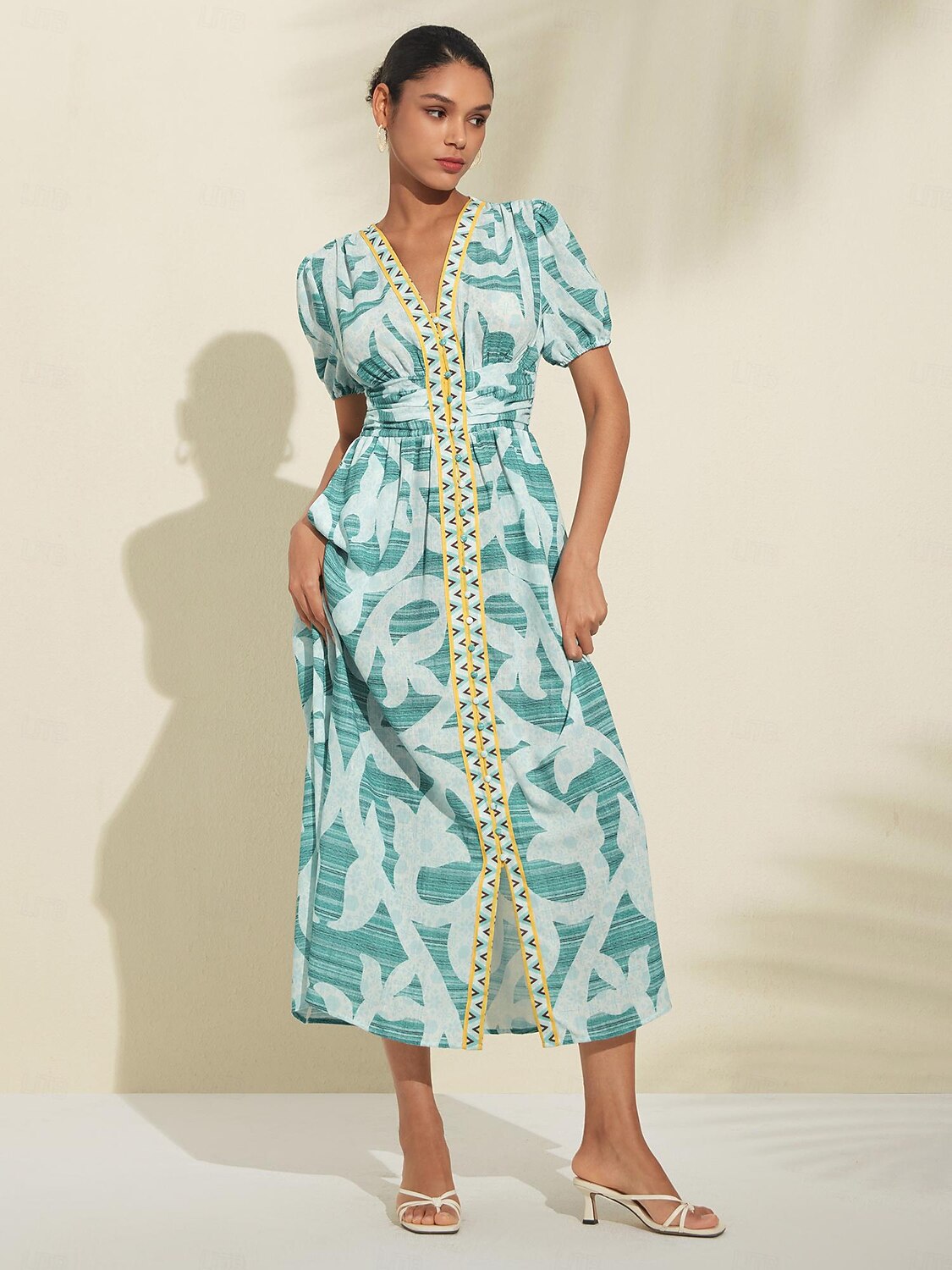 Puff Sleeve V Neck Maxi Dress