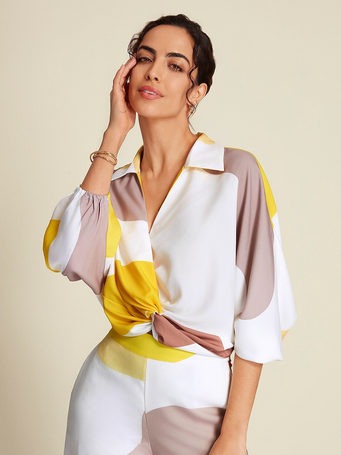 Satin Contrast Knot Front Balloon Sleeve Shirt