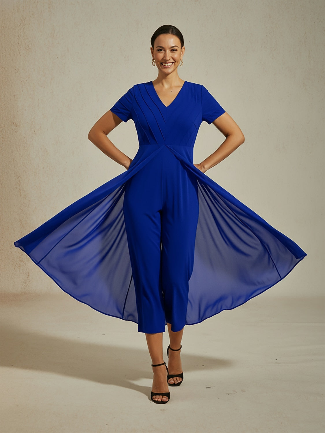 Paneled Design Faux Flowy Sheer Stretch Fabric Jumpsuit