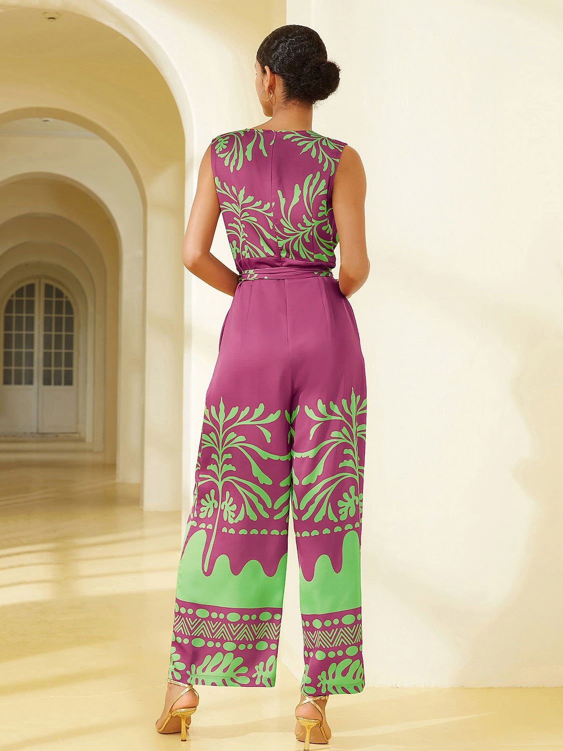 Satin Plant Print Jumpsuit