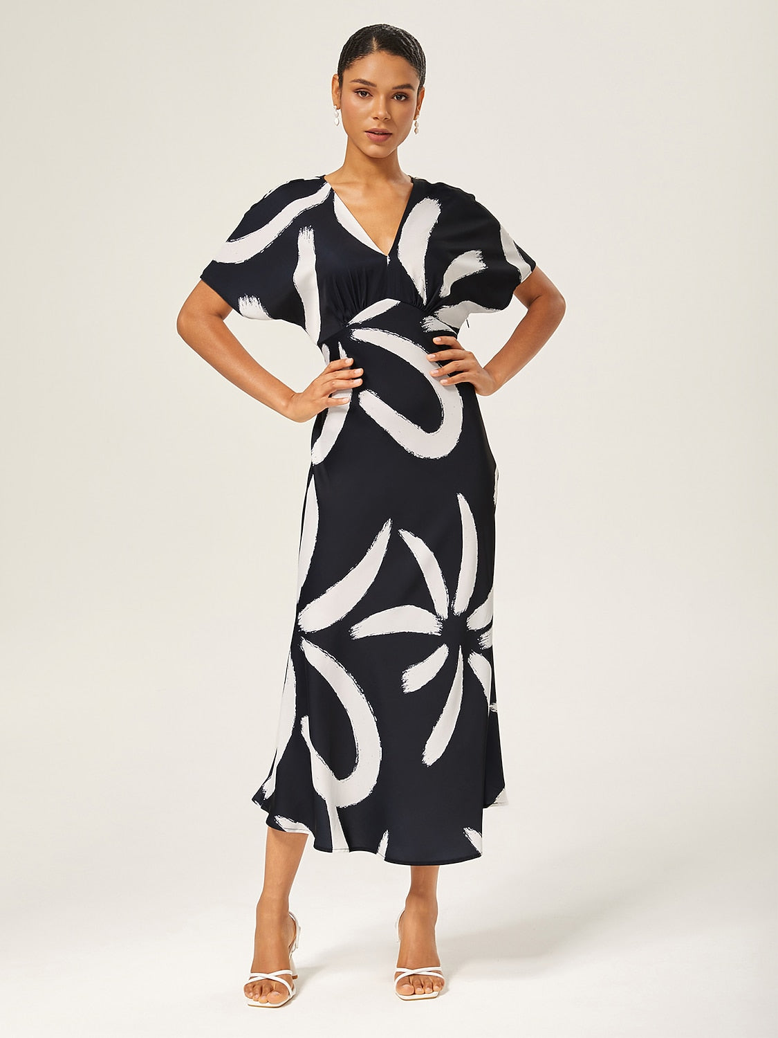 Maxi Dress Coffee Abstract Floral Print Satin