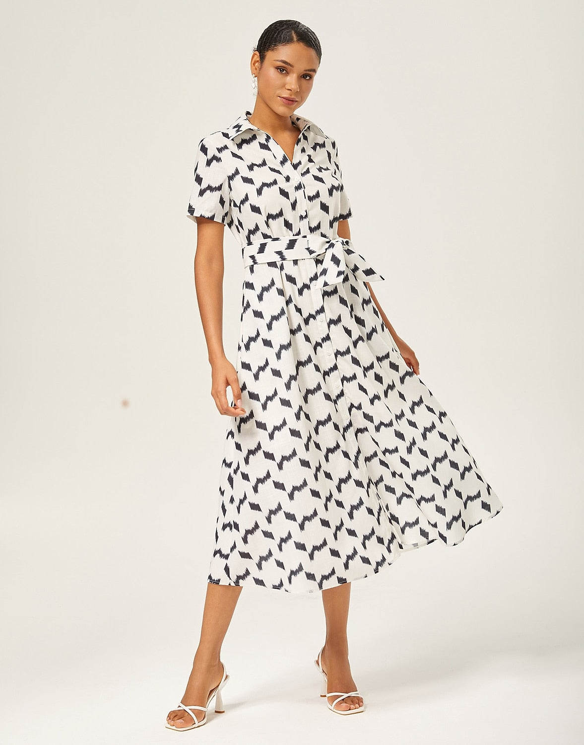 Monochrome Geometric Faux-Linen Dress