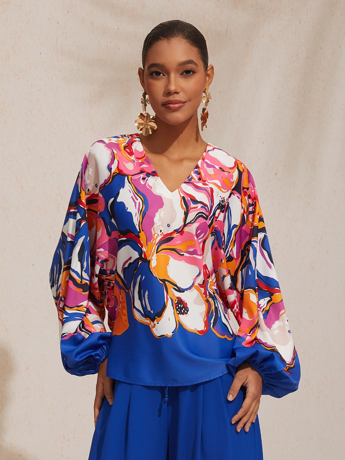 Vacation Artistic Floral Dolman Sleeve Satin Top