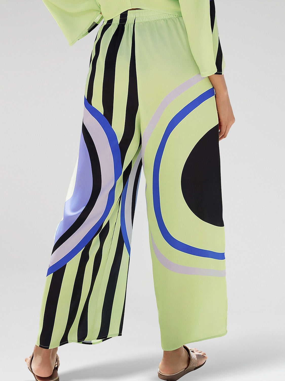 Satin Geometric Print Relaxed Elasticity Straight Pants