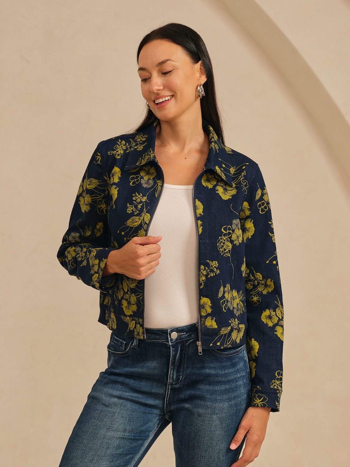 Jacket Denim Fabric Yellow Floral Pattern Turn Down Collar