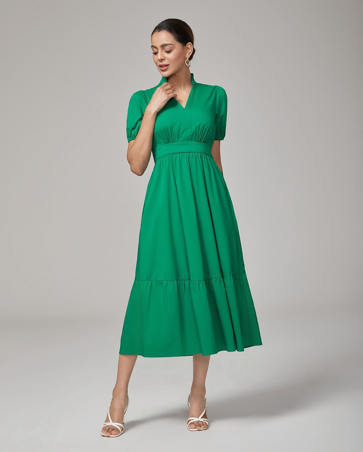 Deep Moss Green Cotton Puff  Dress