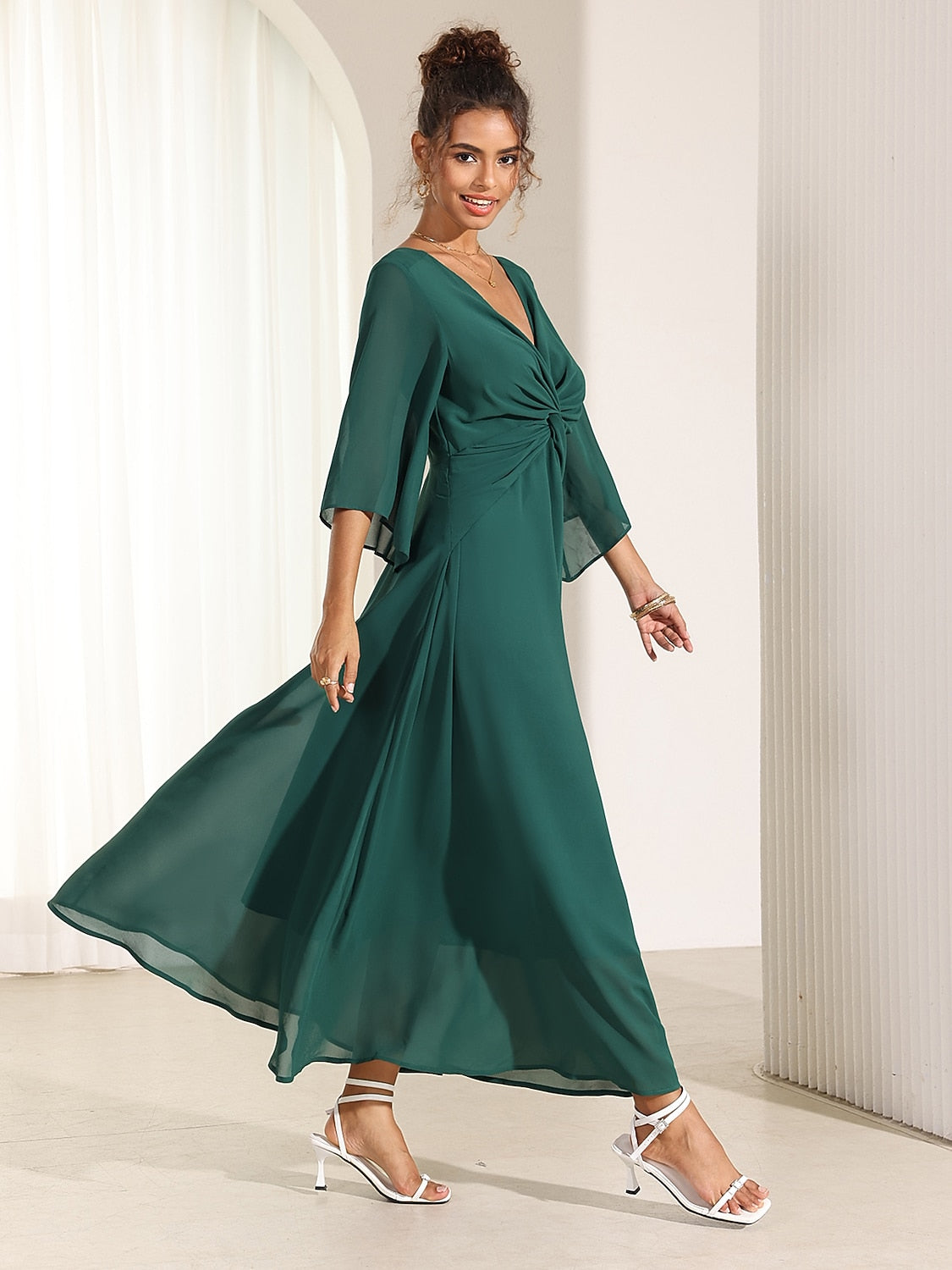 Chiffon Plain Ruffle Twisted Maxi Dress