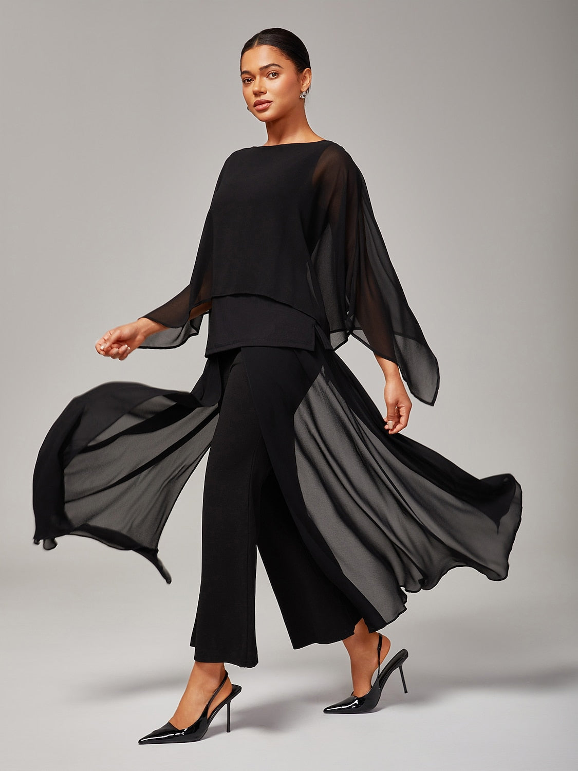 Black Full Length Chiffon High Elasticity Palazzo Pants