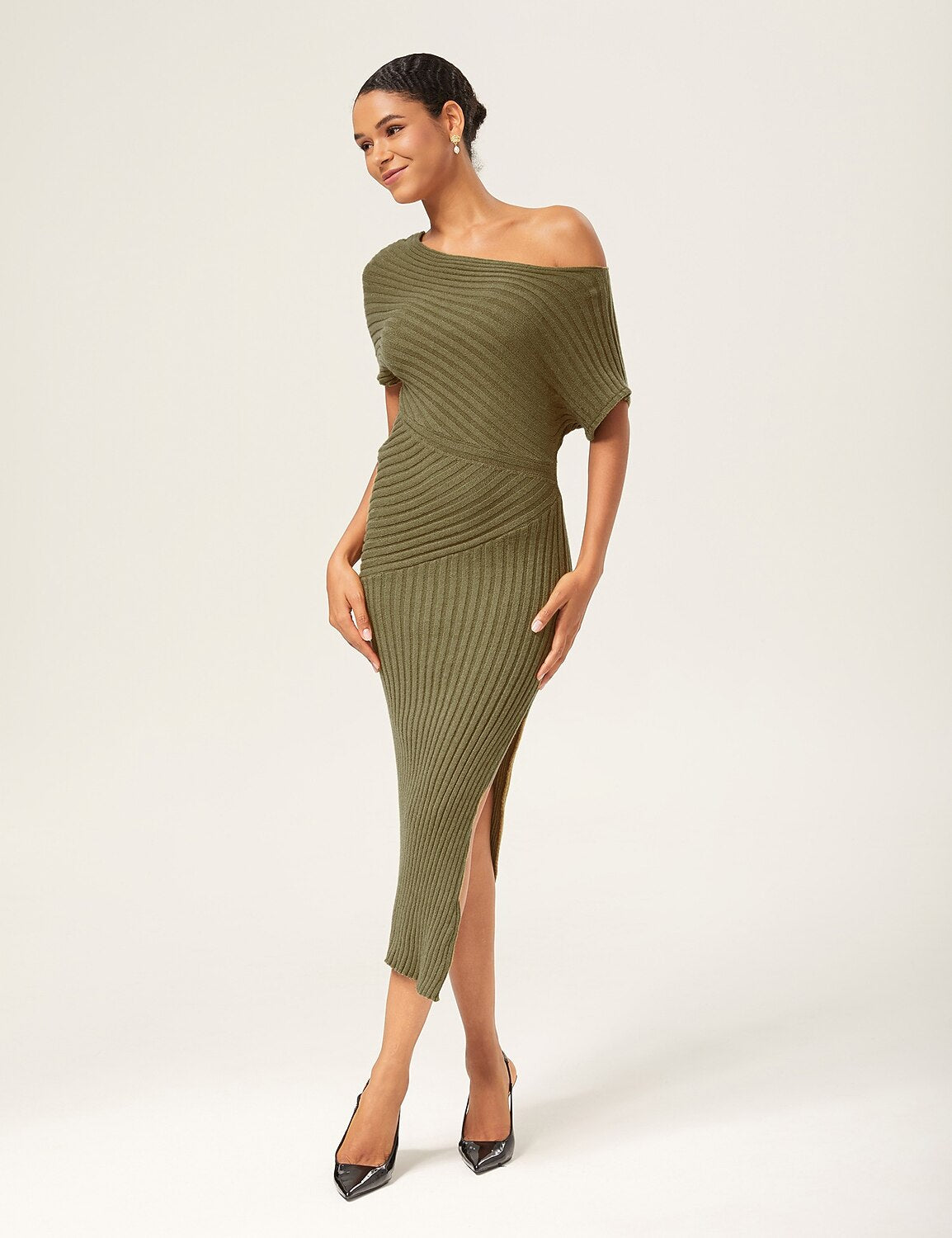 Olive Green One-Shoulder Knitted Bodycon Maxi Dress