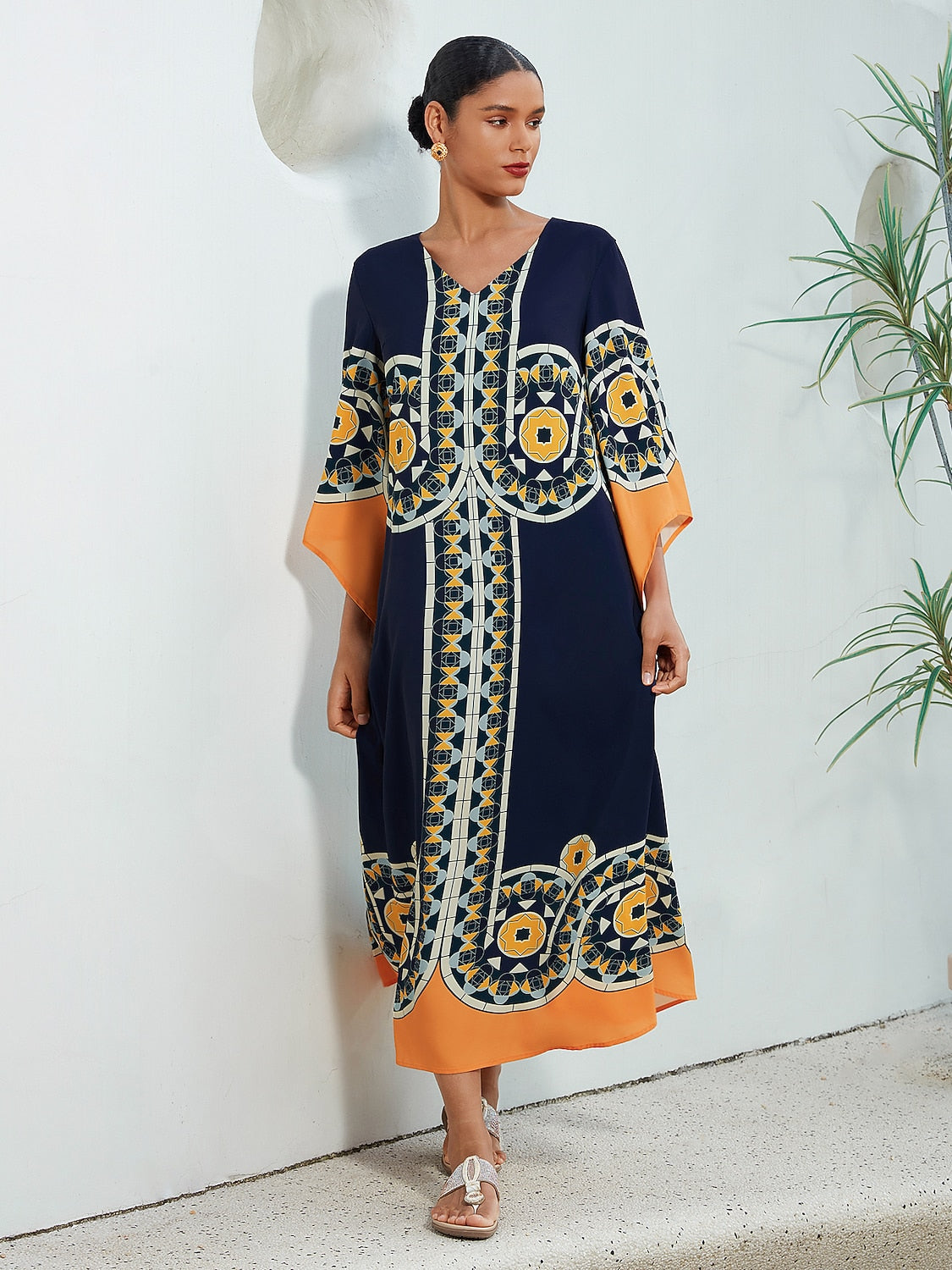 Satin Folk Print Maxi Dress