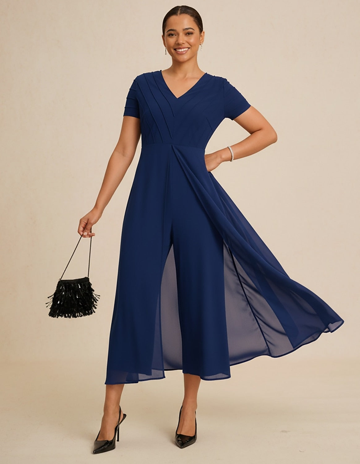 Paneled Design Faux Flowy Sheer Stretch Fabric Jumpsuit