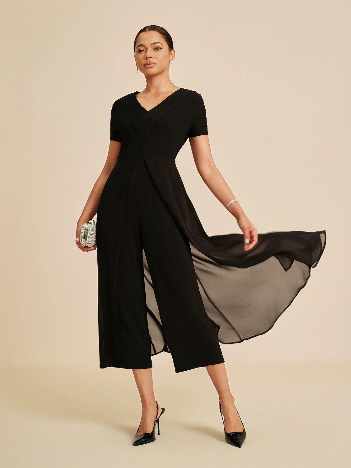 Paneled Design Faux Flowy Sheer Stretch Fabric Jumpsuit