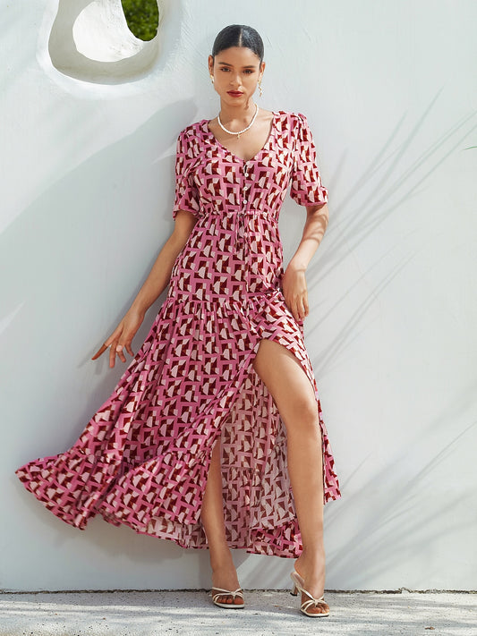 Resort Maxi Dress Pink Short Geometic Drawstring