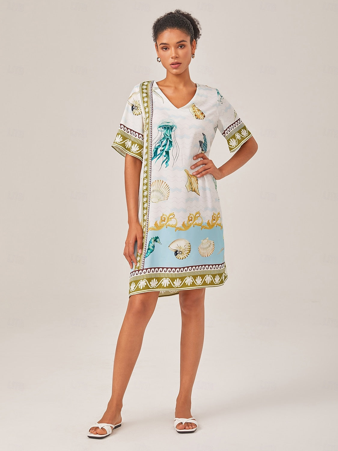 Resort-Style Ocean Print Straight-Cut Dress