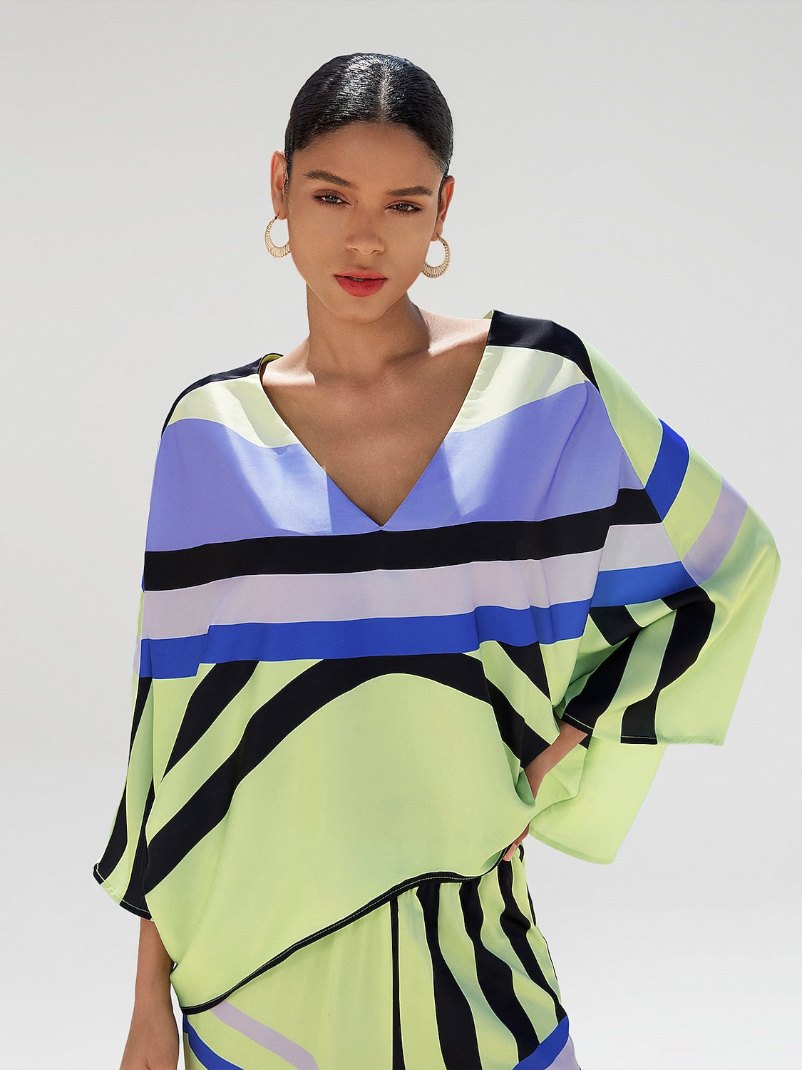 Satin Geometric Print Poncho Blouse