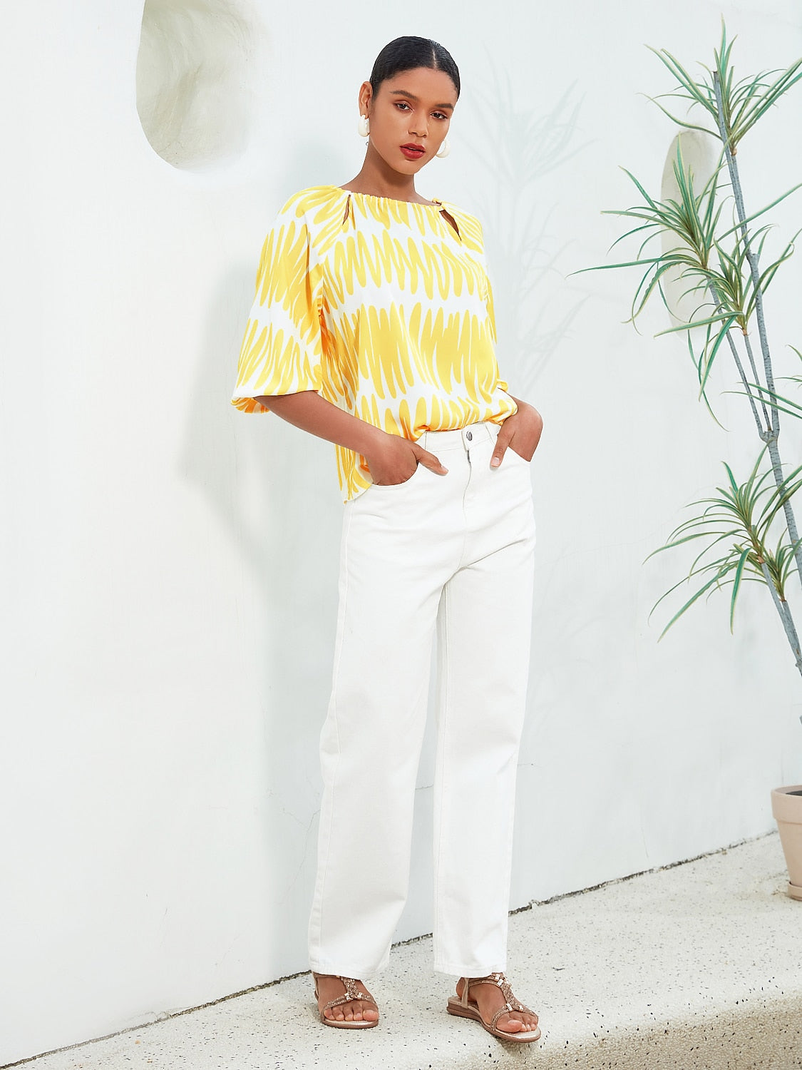 Satin Puff Hollow Out Raglan Shirt