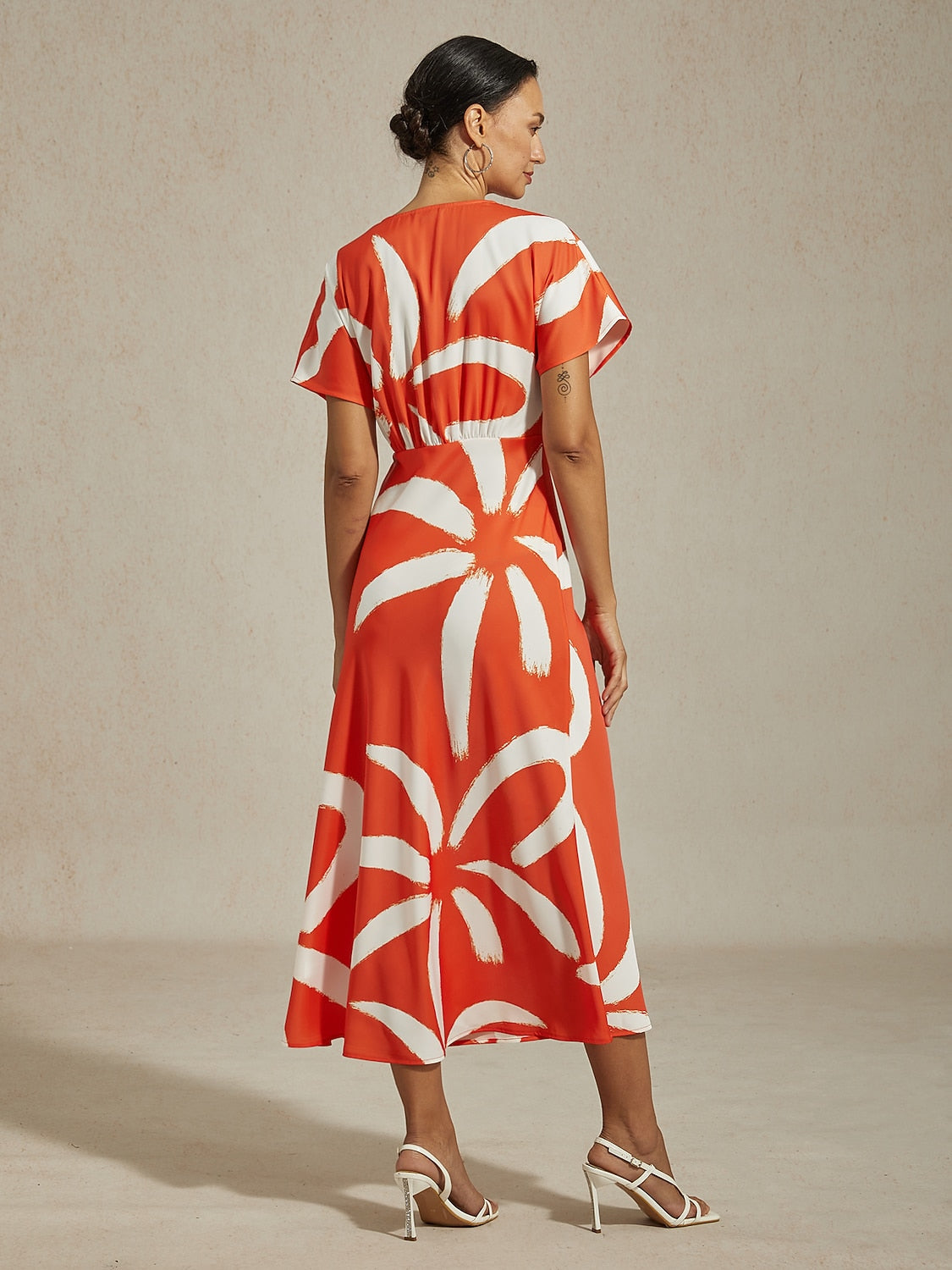 Maxi Dress Coffee Abstract Floral Print Satin