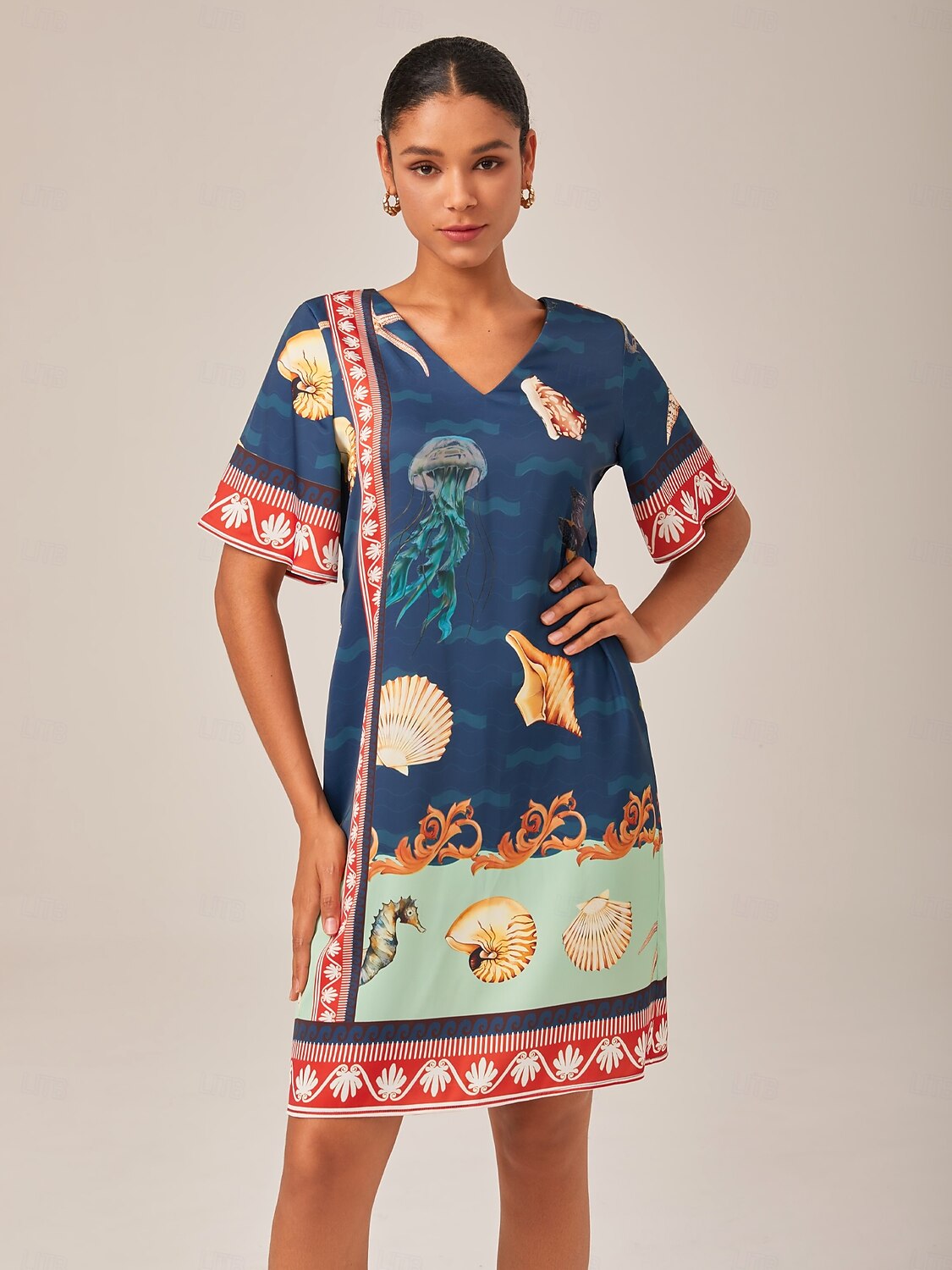 Resort-Style Ocean Print Straight-Cut Dress