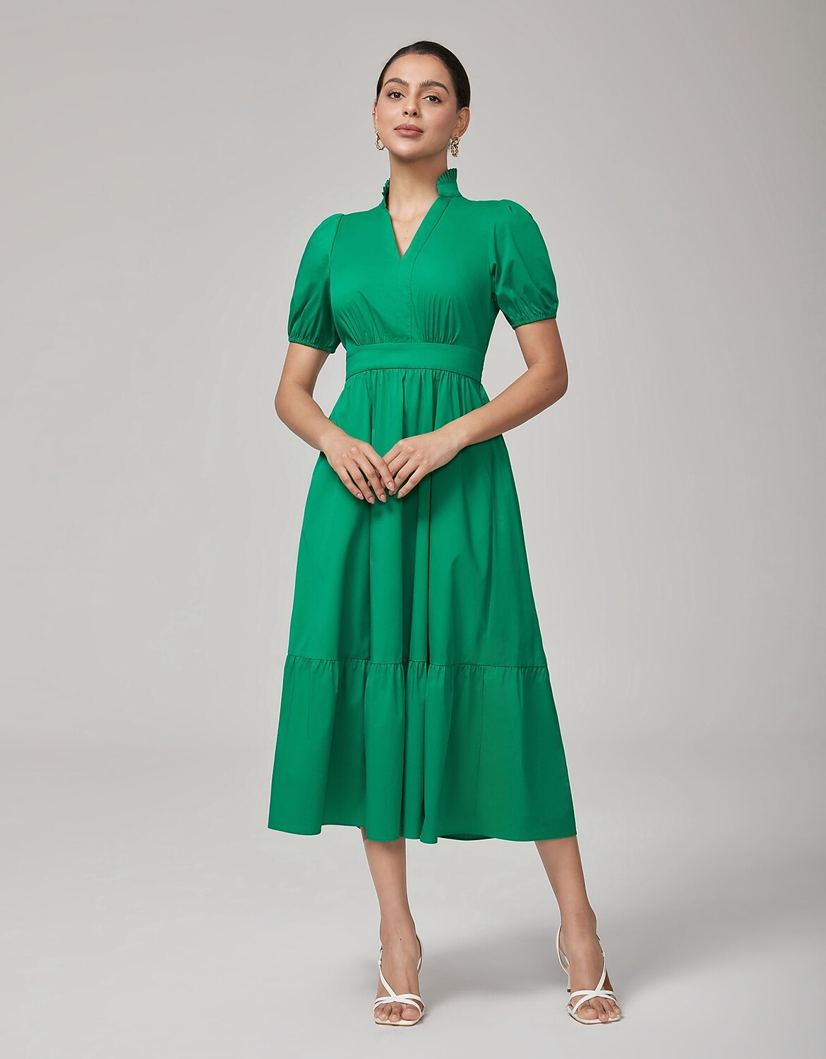 Deep Moss Green Cotton Puff  Dress