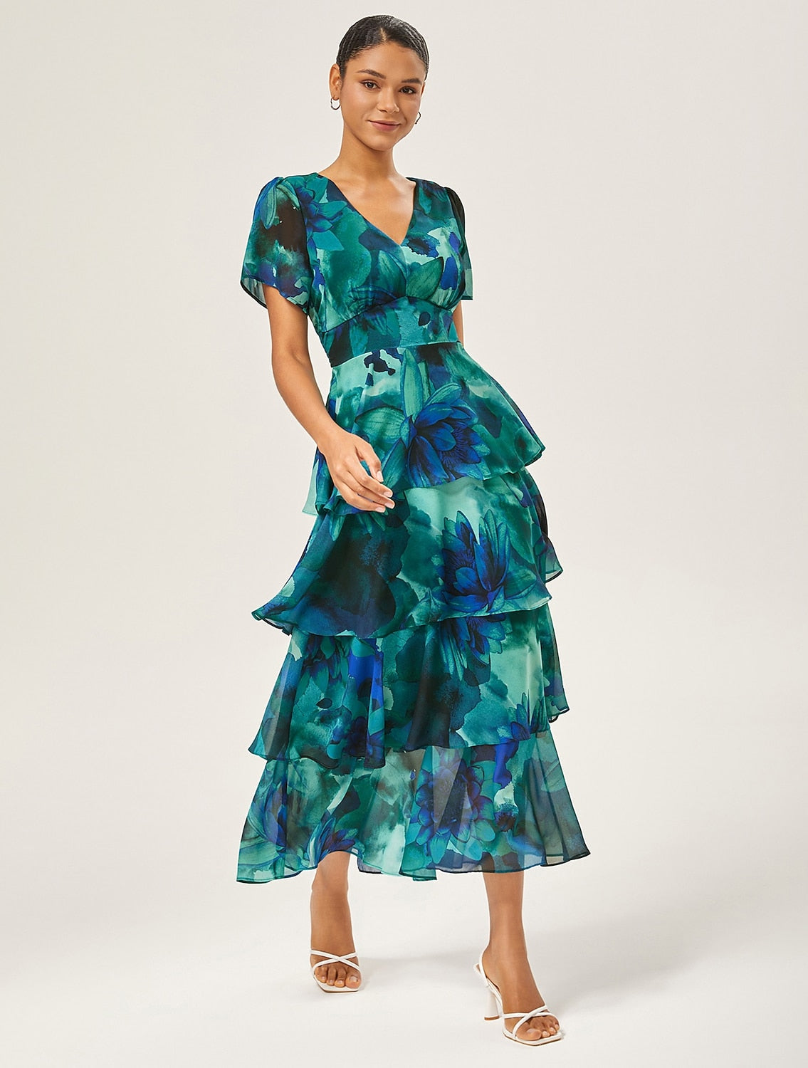 Floral Chiffon Maxi Dress A Line Tiered Ruffle Cake