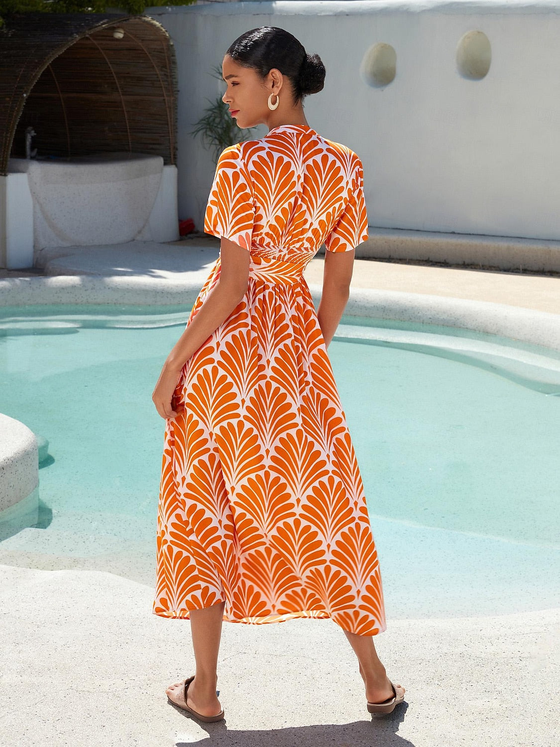 Orange Short Geometric Pattern Maxi Dress