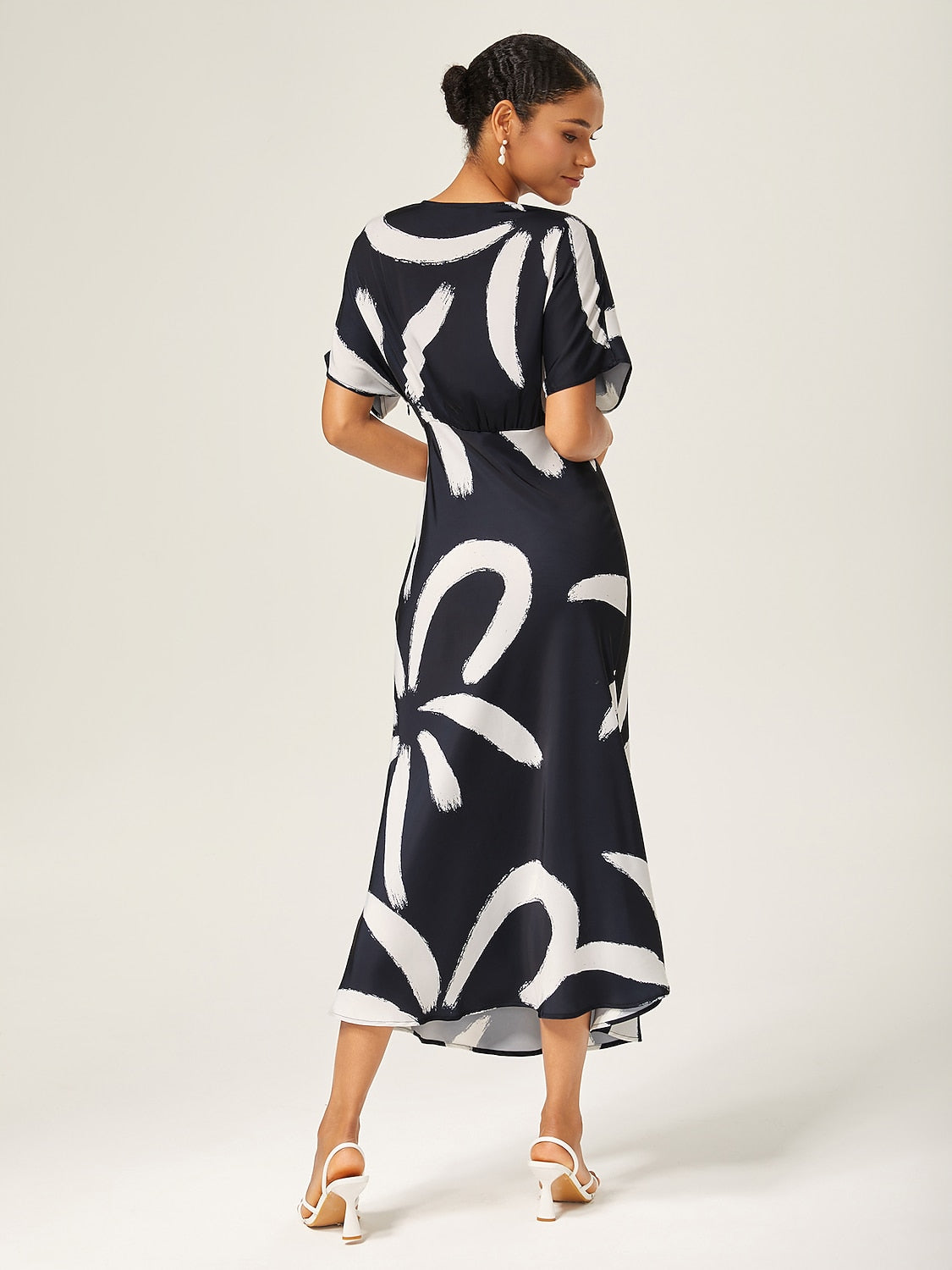 Maxi Dress Coffee Abstract Floral Print Satin