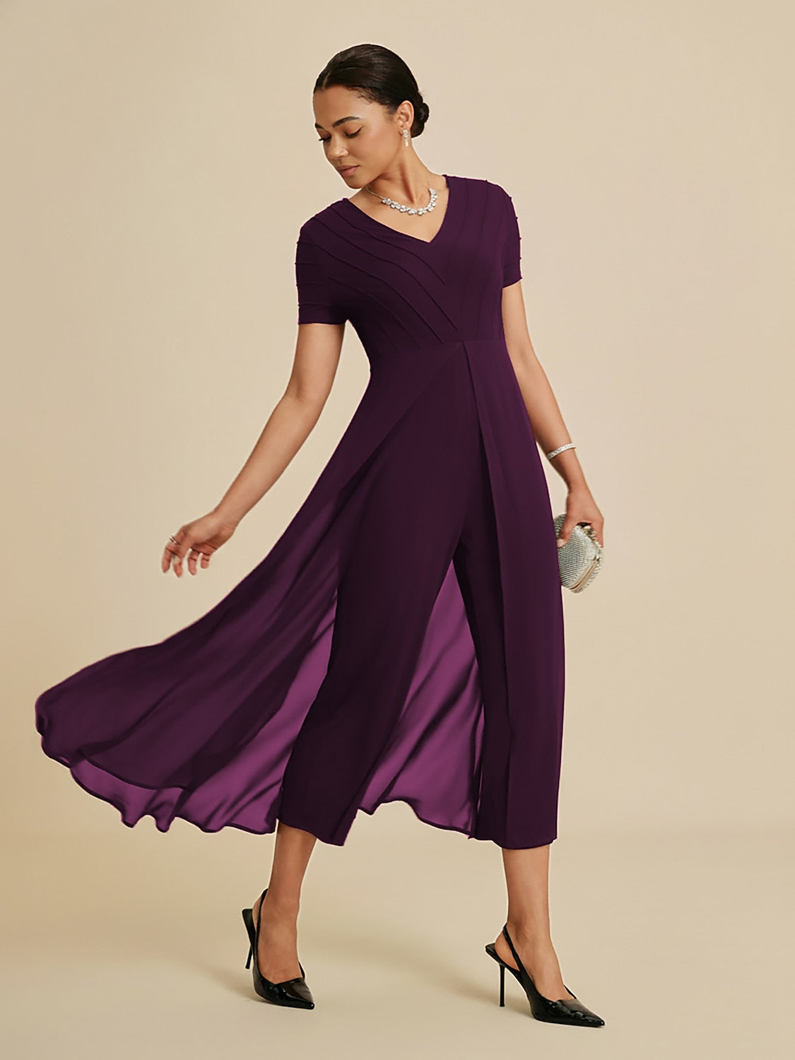 Paneled Design Faux Flowy Sheer Stretch Fabric Jumpsuit