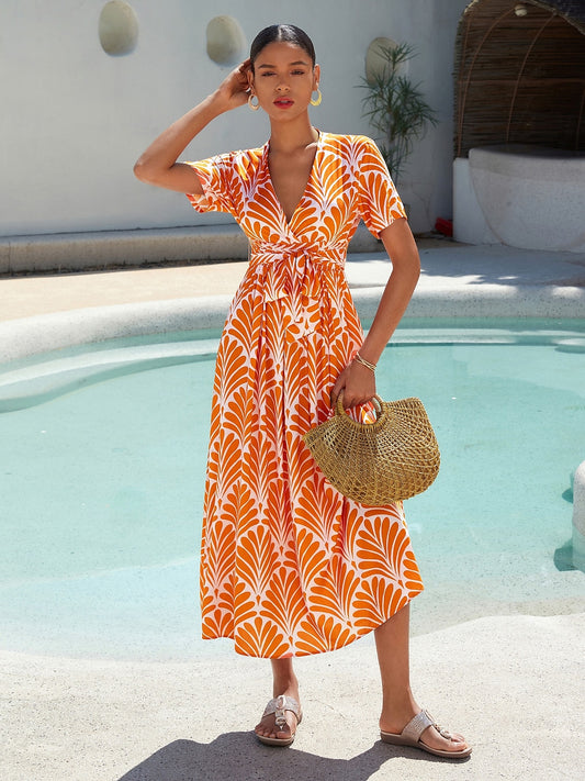 Orange Short Geometric Pattern Maxi Dress
