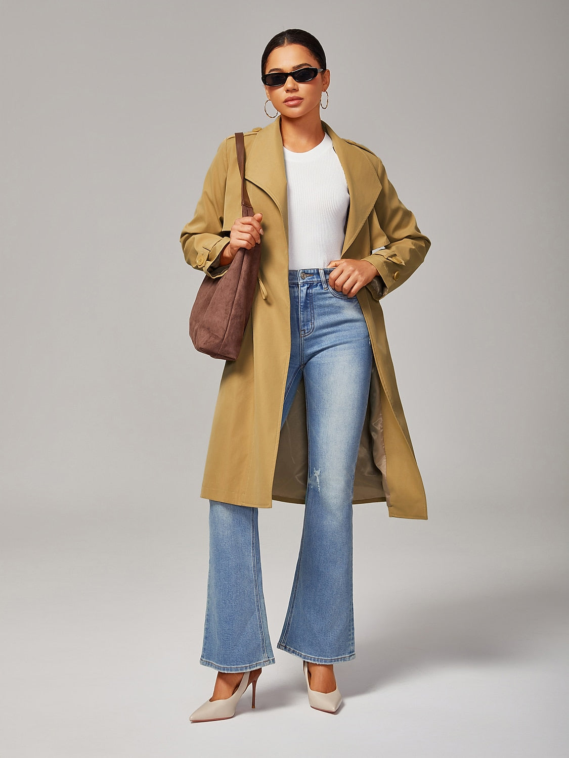 Cotton Stretch Flared Jeans High Waist Frayed Hem Denim Pants