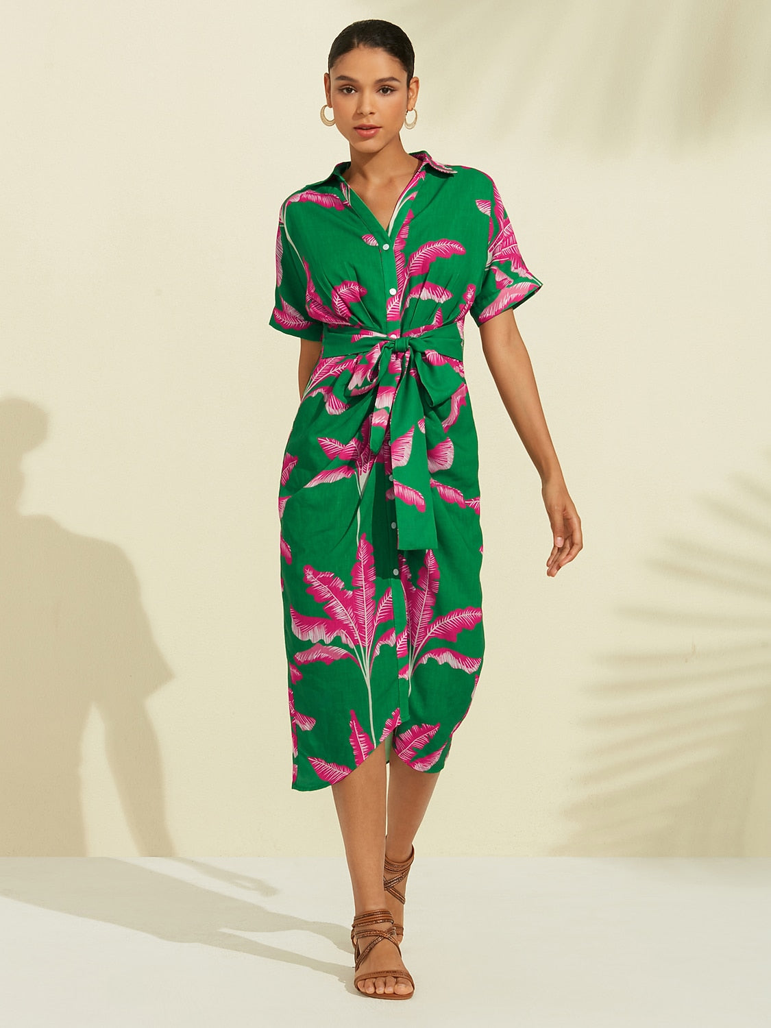 Print Shirred Midi Dress