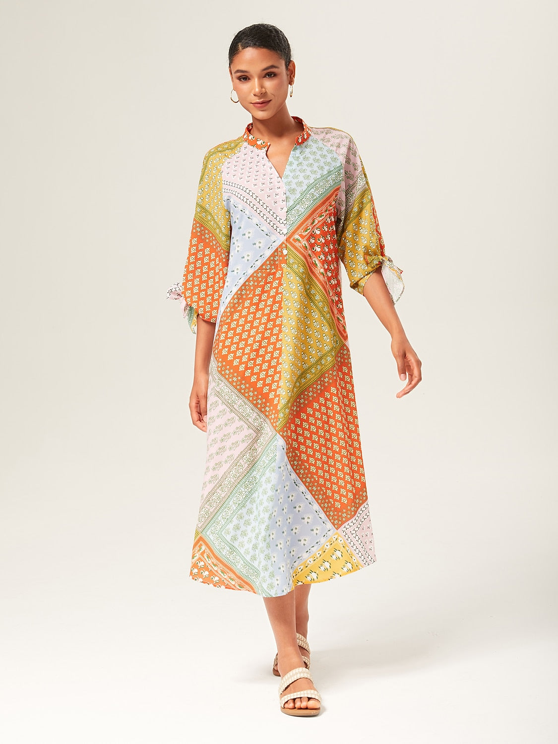 Maxi Dress Colorful Silk Scarf Printed Tie