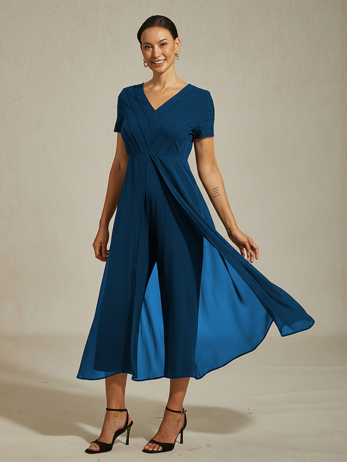 Paneled Design Faux Flowy Sheer Stretch Fabric Jumpsuit