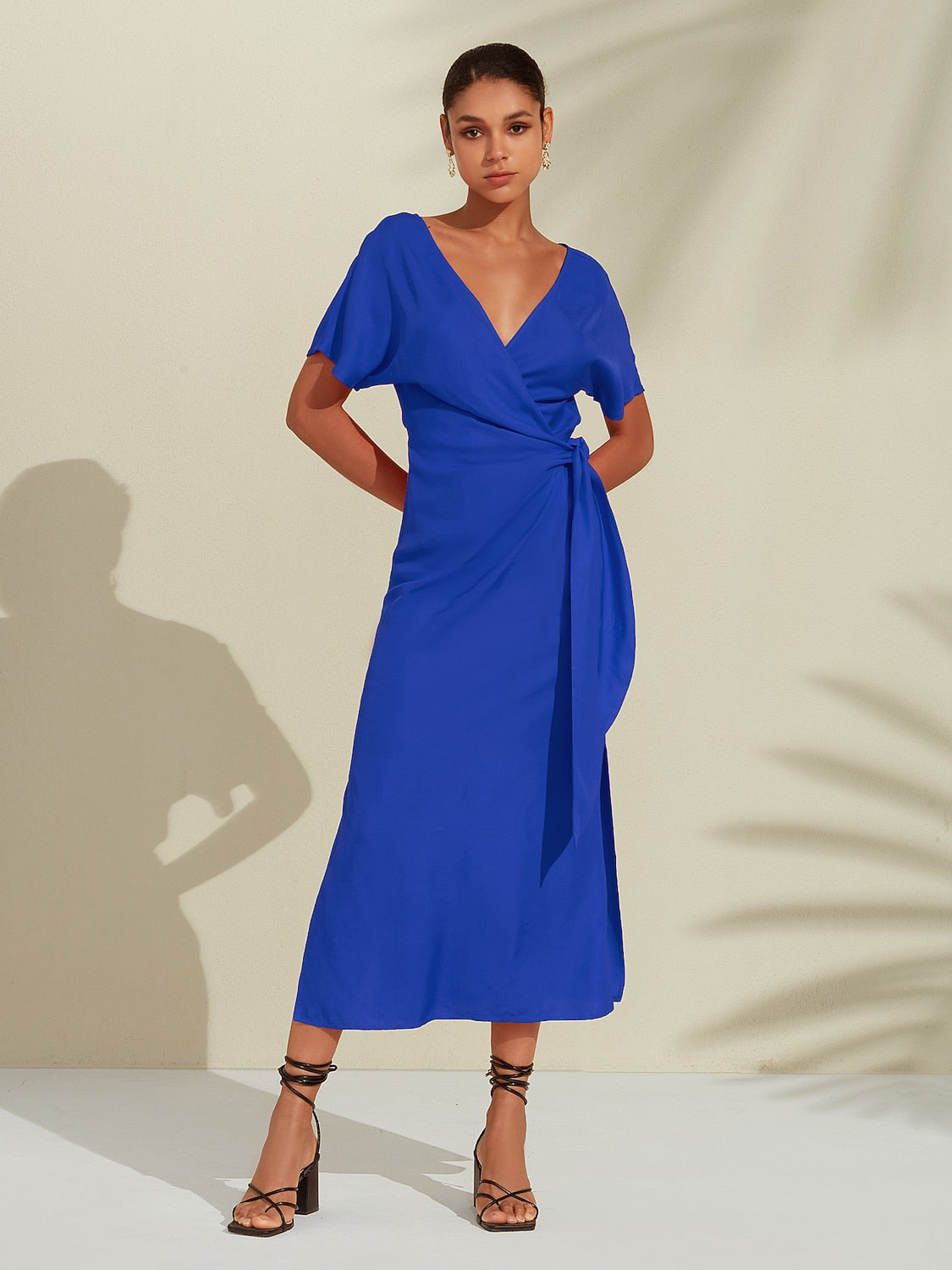 Tencel Linen Orange Red  Shirred Wrap Midi Dress