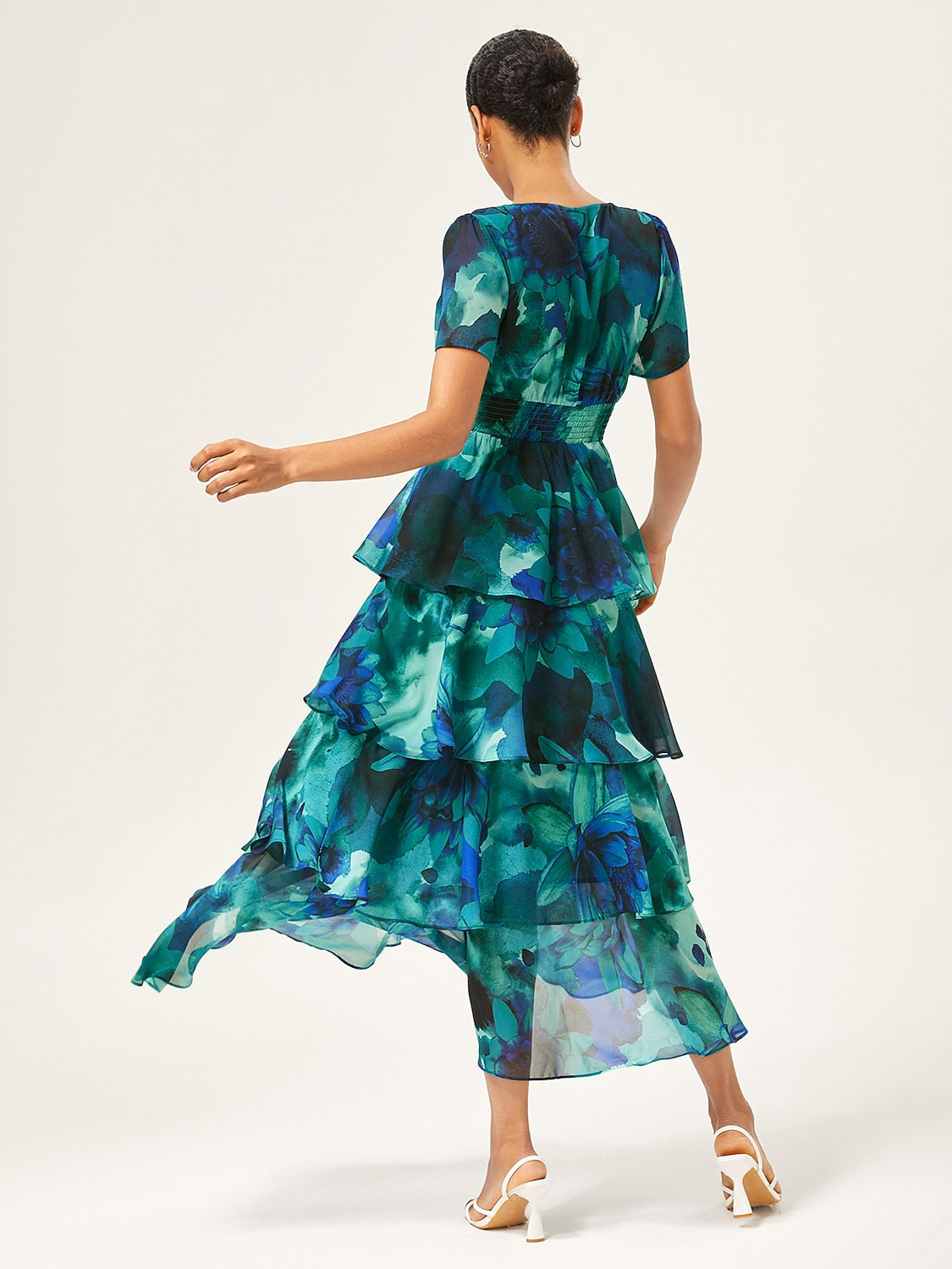 Floral Chiffon Maxi Dress A Line Tiered Ruffle Cake