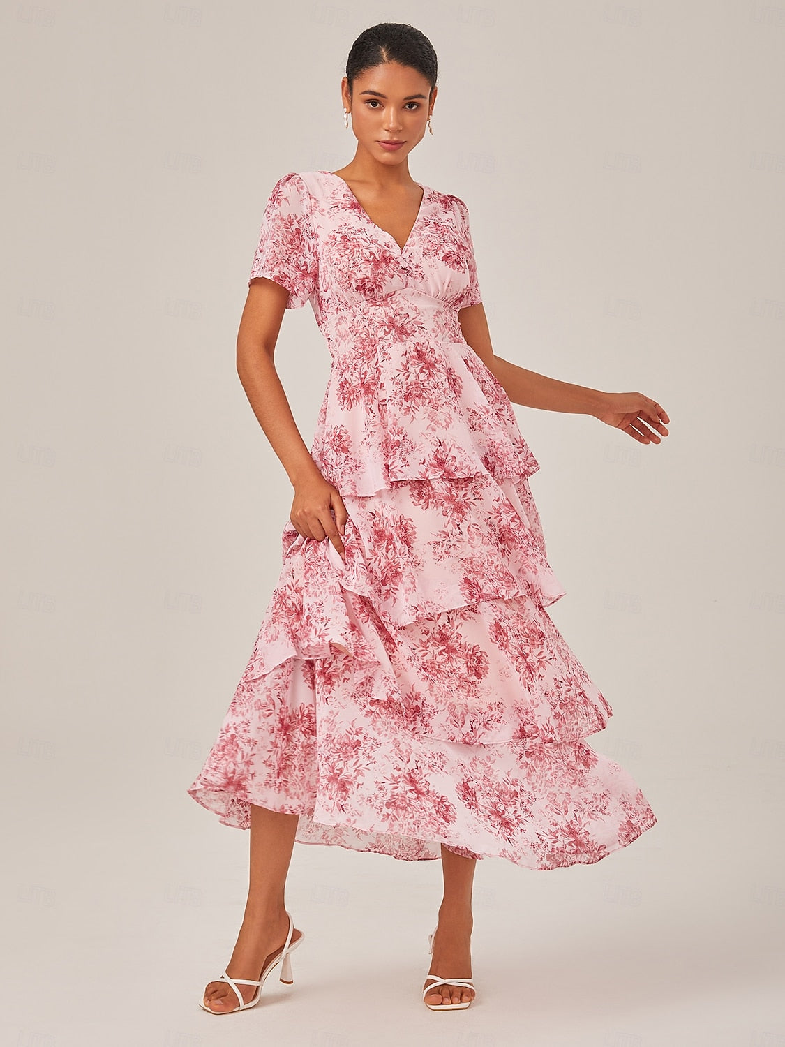Floral Chiffon Maxi Dress A Line Tiered Ruffle Cake
