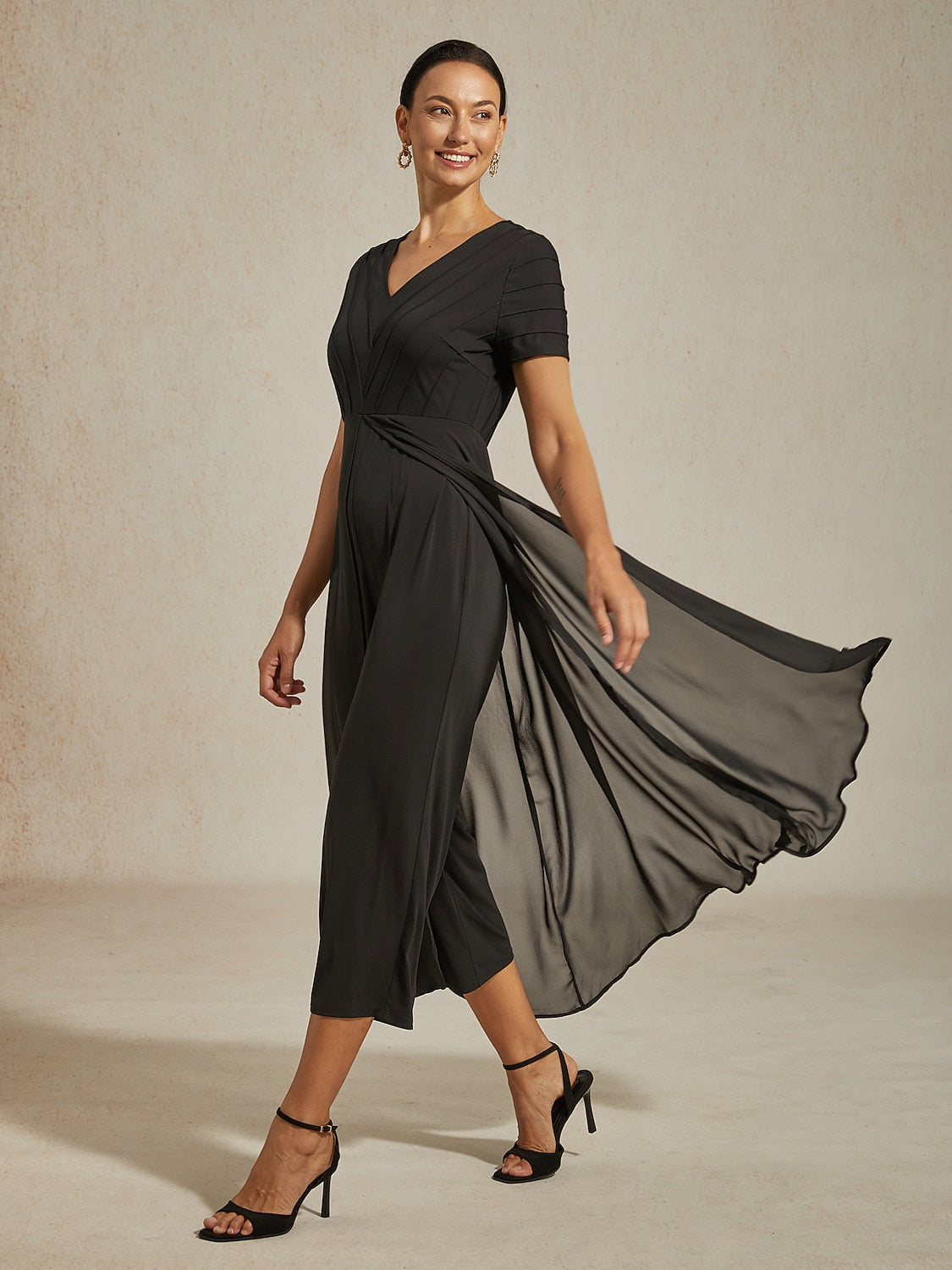 Paneled Design Faux Flowy Sheer Stretch Fabric Jumpsuit
