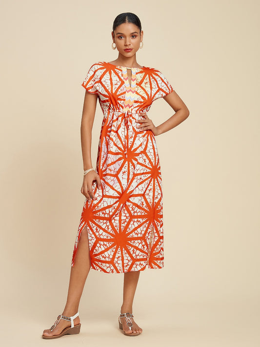Satin Folk Drawstring Split Midi Dress