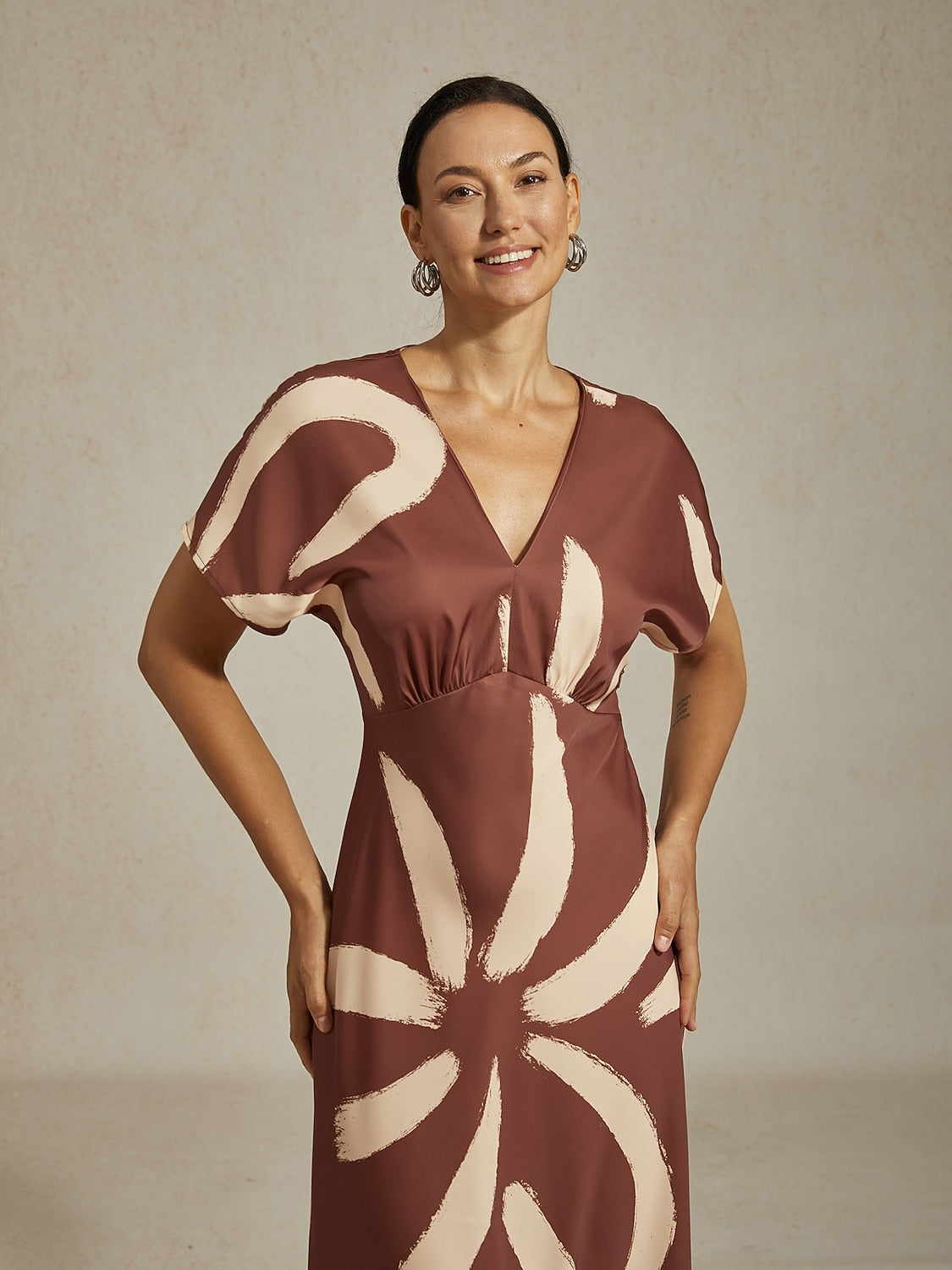 Maxi Dress Coffee Abstract Floral Print Satin