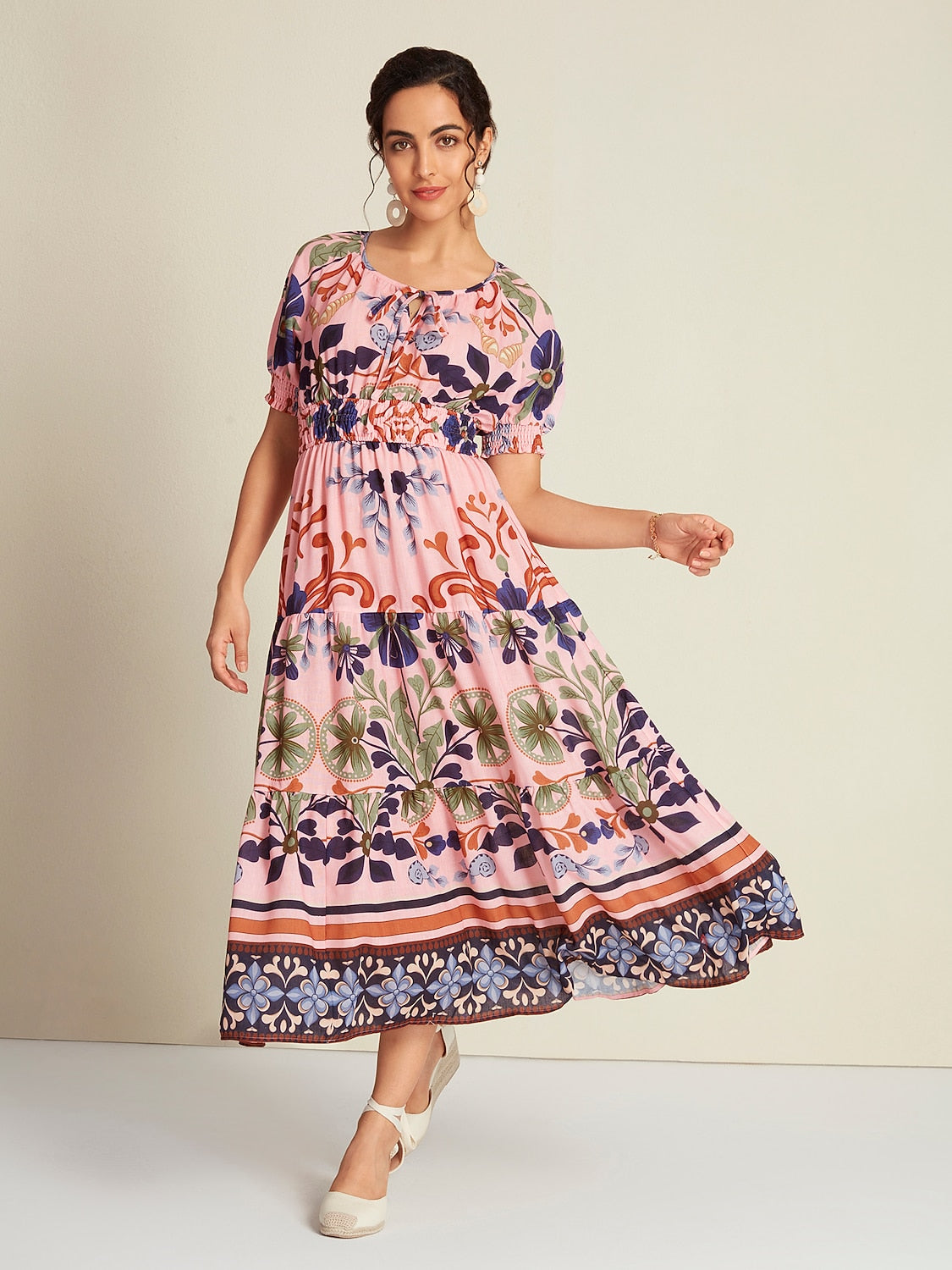 Floral Lace Up Short Midi Dress